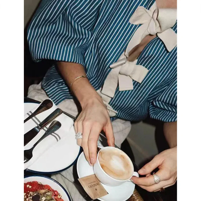 Peplum Shirt Women y2k Clothes Striped Round Neck Puff Half Sleeve Tie Front Blouse Elegant Ladies Clothes Streetwear