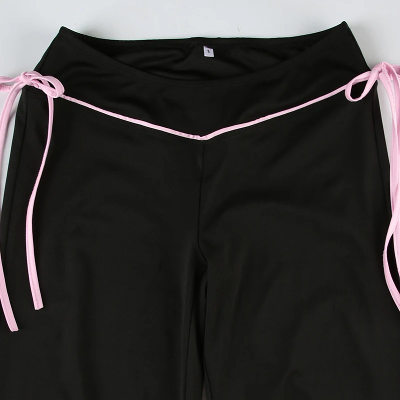 Contrast Lace-Up Low Waist Y2K Flared Pants Women Black Basic Simple Casual Sweet Style Trousers