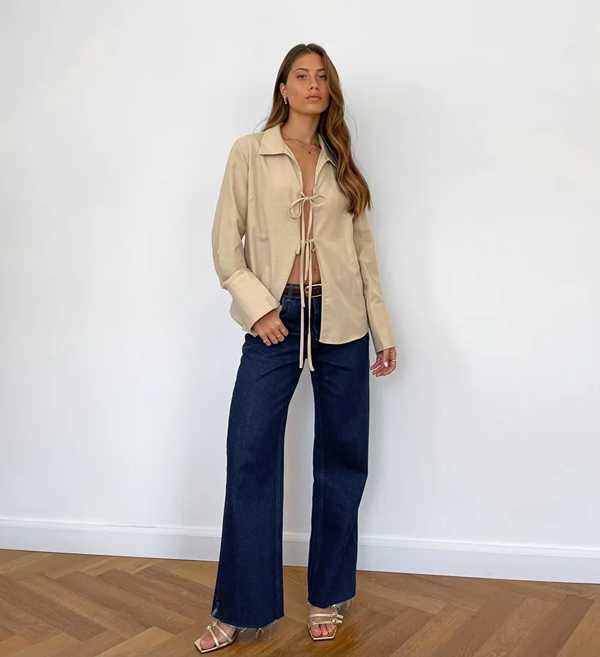 Women's Long Sleeve Shirt Hollow Lace Up Solid Color Casual Fashion Top Commuting Patchwork Women's Shirt Cardigan Top