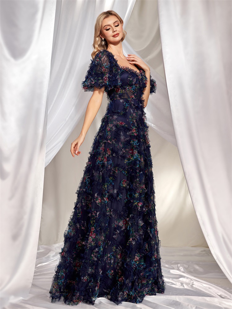 Evening Wear High Grade Floral U Neck Evening Dress Short Sleeve Slim Fit Party Cocktail Dress Women