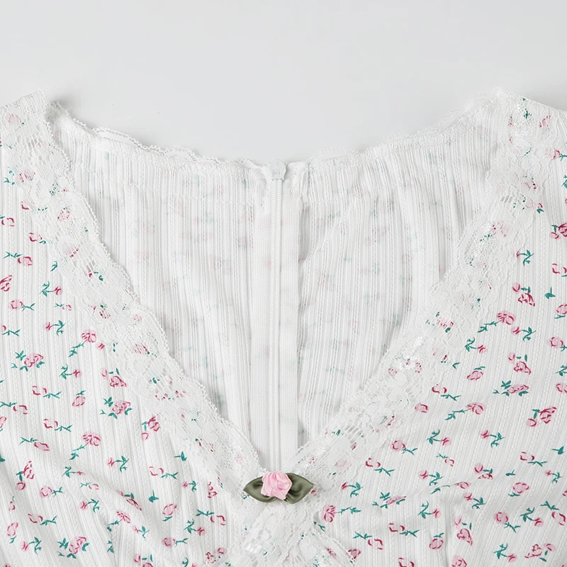 Sweet Fairy Gentle Women Playsuit Floral Print Lace Trim V-Neck Long Sleeve Korean Style Trendy Rompers Cute