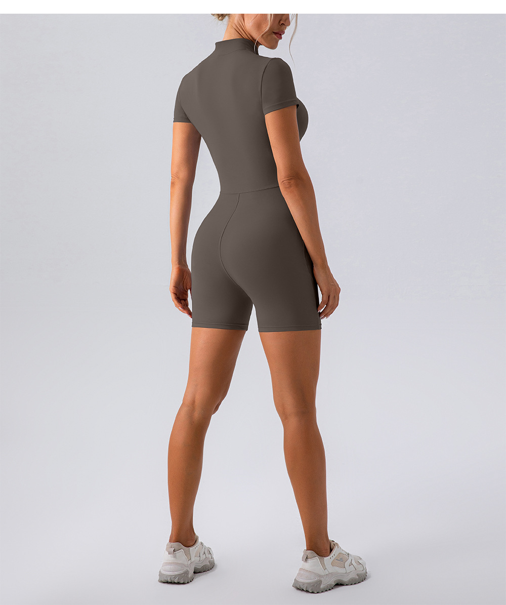 Spring Summer Zipper Short Sleeve Yoga Jumpsuit Women Running Fitness Tight Sports One Piece Jumpsuit