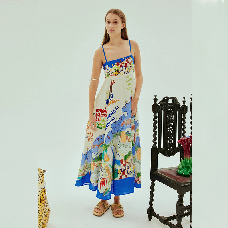 Sexy Sling Graffiti Cotton Linen Printed Large Swing Dress Women