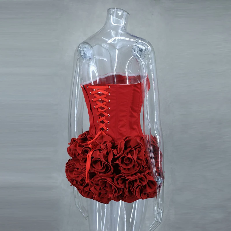 Christmas Red 3D Flowers Skirt Suit Women Bandage Adjustable Tube Top Floral Short Skirt Set Lady Party New in Matching Outfits