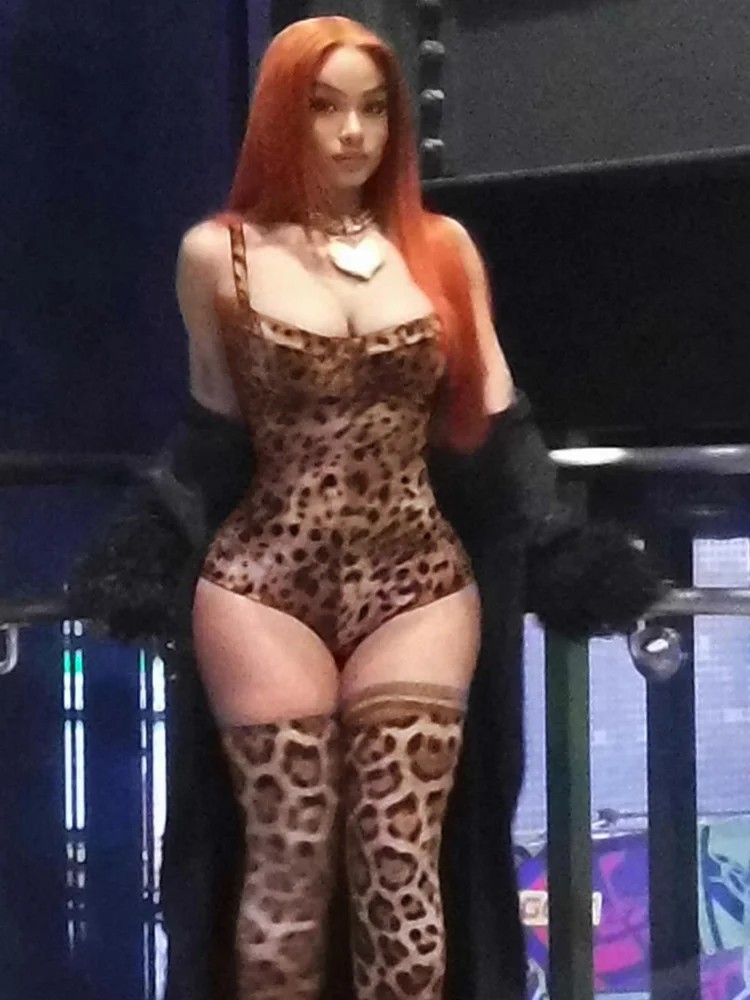 Autumn Hipster Women Bodysuits Sexy Leopard Sleeveless Square neck Body-shaping Tops Female Trend Night Street One Piece