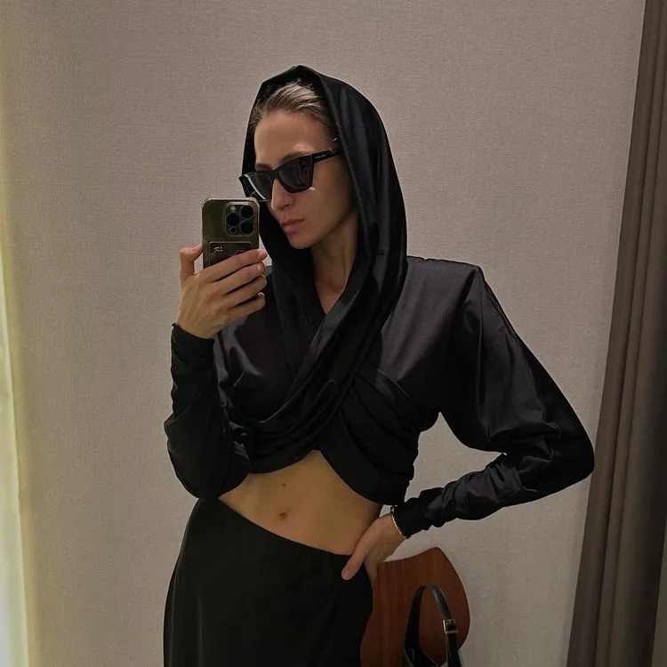 Fashion Satin Hoodie Y2k Top For Women Long Sleeve Bandage Patchwork Solid Sexy Vintage Cropped Top Ladies Crop top Tee