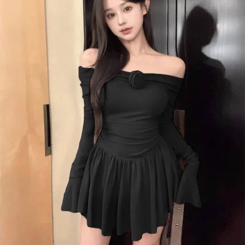 Splice Flower Bodycon Mini Dress For Women Ruffled Folds High Waist Dresses Femme Off Shoulders Casual Slim Dress Woman