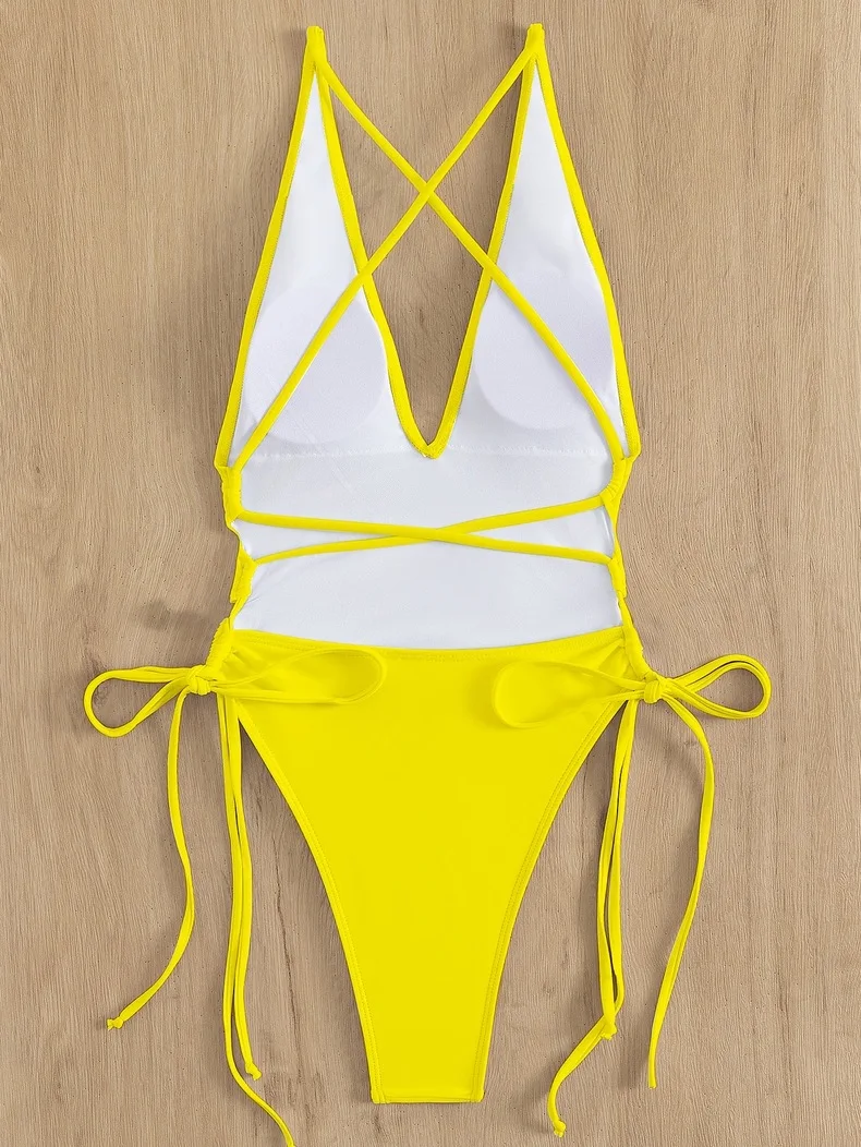 Solid V-neck One Piece Swimsuit for Women Sexy Cross Bandage Swimwear Backless Bathing Suit New Monokini