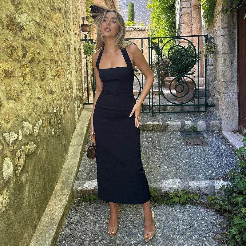 One-Shoulder Bodycon Black Evening Dress For Women Sexy Backless Sleeveless Neck-Mounted Long Party Dress Female Elegant