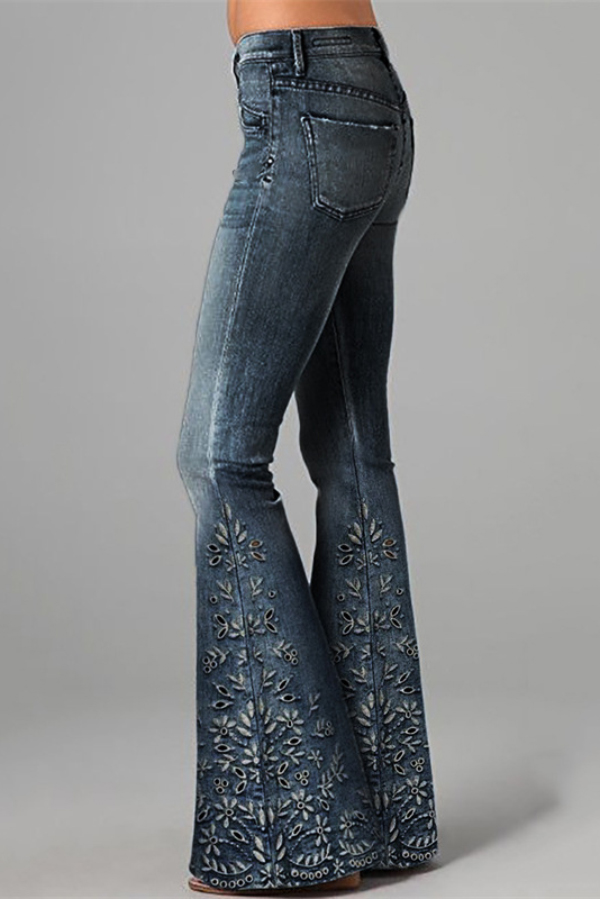 Unique Printed High-waisted Pocket Casual Flared Jeans
