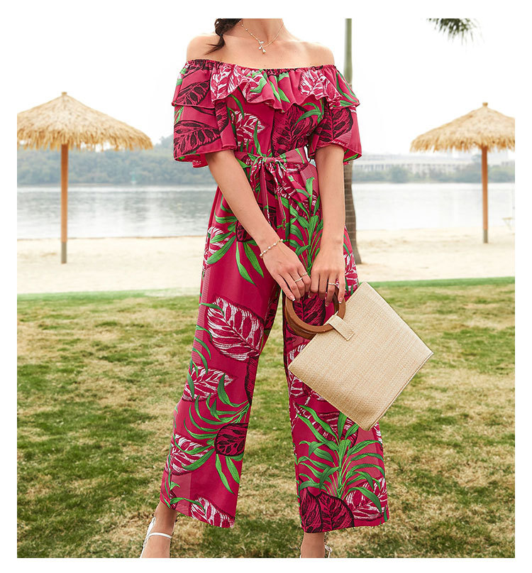 Women Clothing Fashion off-Shoulder Floral Jumpsuit Summer Short Sleeve Chiffon Vacation Beach Jumpsuit