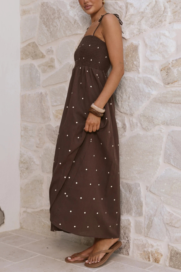 Fashionable Polka Dot Print Suspender High-waisted Pleated Casual Maxi Dress