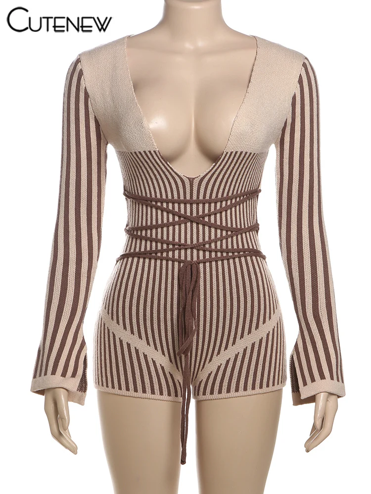 Stripe Knit Women Playsuits Classic Fashion Full Sleeve Low V-neck Bandage Slim Rompers Crochet Women Mujer Attirewear