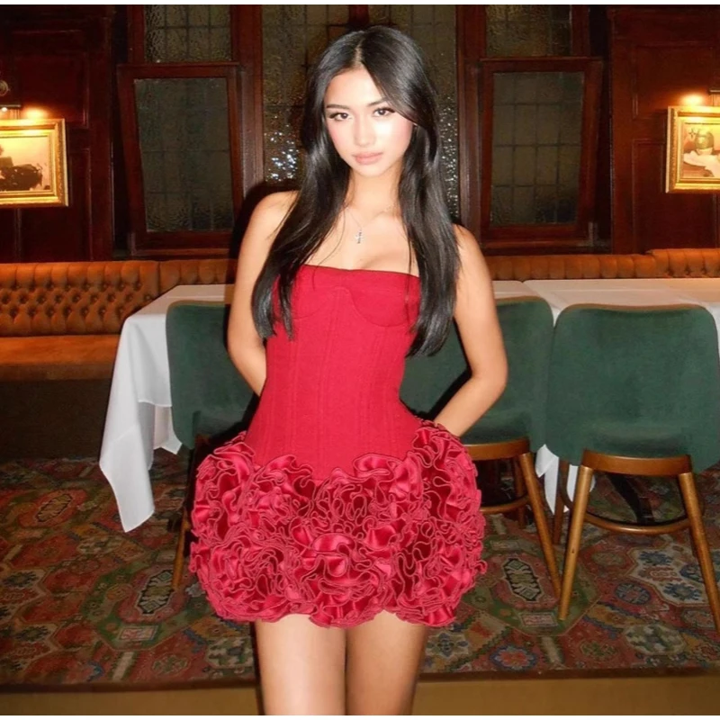 Christmas Red 3D Flowers Skirt Suit Women Bandage Adjustable Tube Top Floral Short Skirt Set Lady Party New in Matching Outfits