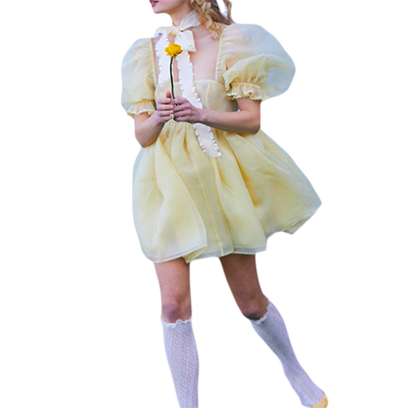 Puffy Dresses for Women y2k Aesthetic Solid Color Square Neck Bubble Sleeve Dress Sweet 2000s Party Dresses Streetwear