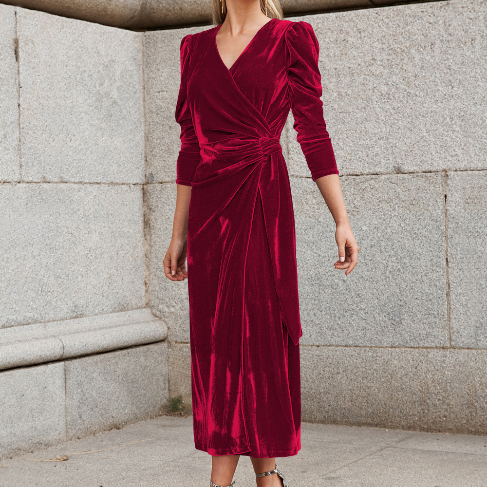 Women Clothing Summer Dress French Design Elegant Long Sleeve Evening Dress Gold Velvet Dress