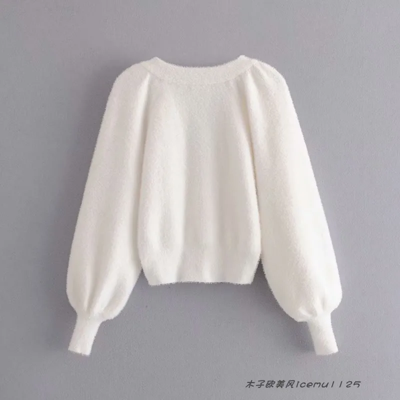Women's 3-piece Set Korea Style White Cardigan Furry Single-breasted Button Tank Top Knitted Sweater Jumper Shorts Pants Set