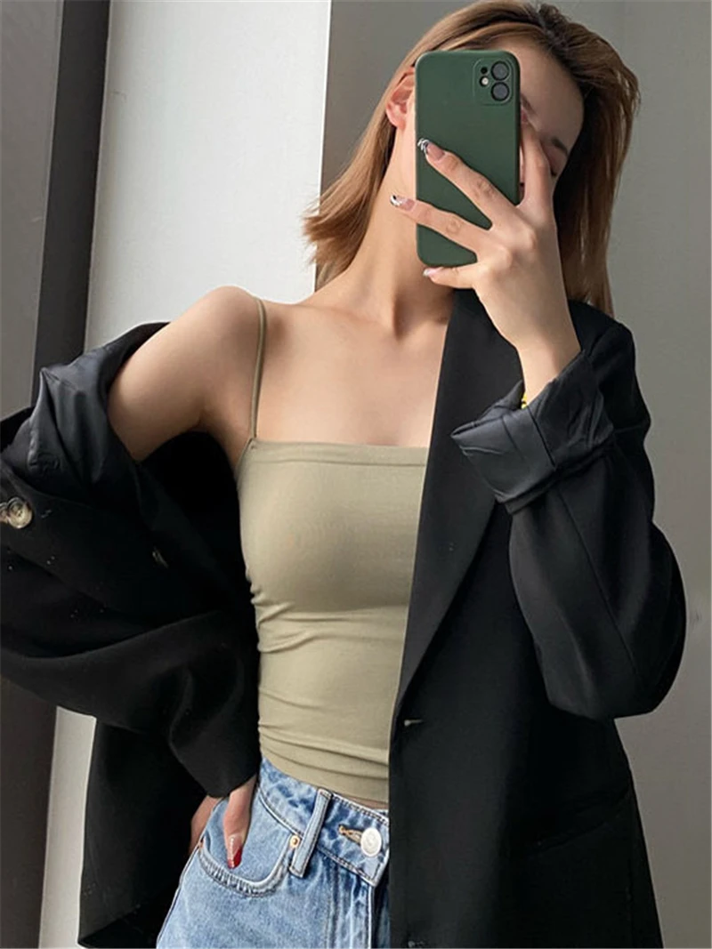 Basic Spaghetti Strap Tank Top Bra Summer White Tops For Women 2025 Backless Slim Sleeveless Camisole Cropped Bandeau Tops