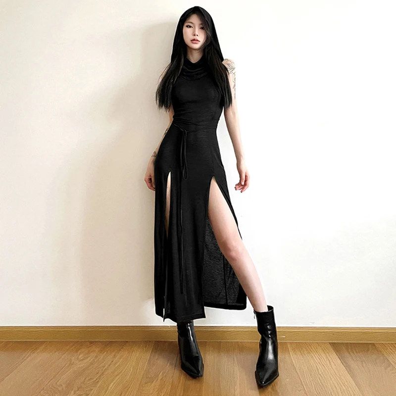 Grunge Dress y2k Women Clothes Solid Color Sleeveless Hollow Out Back Slit Hooded Dress 2000s Halloween Party Dresses