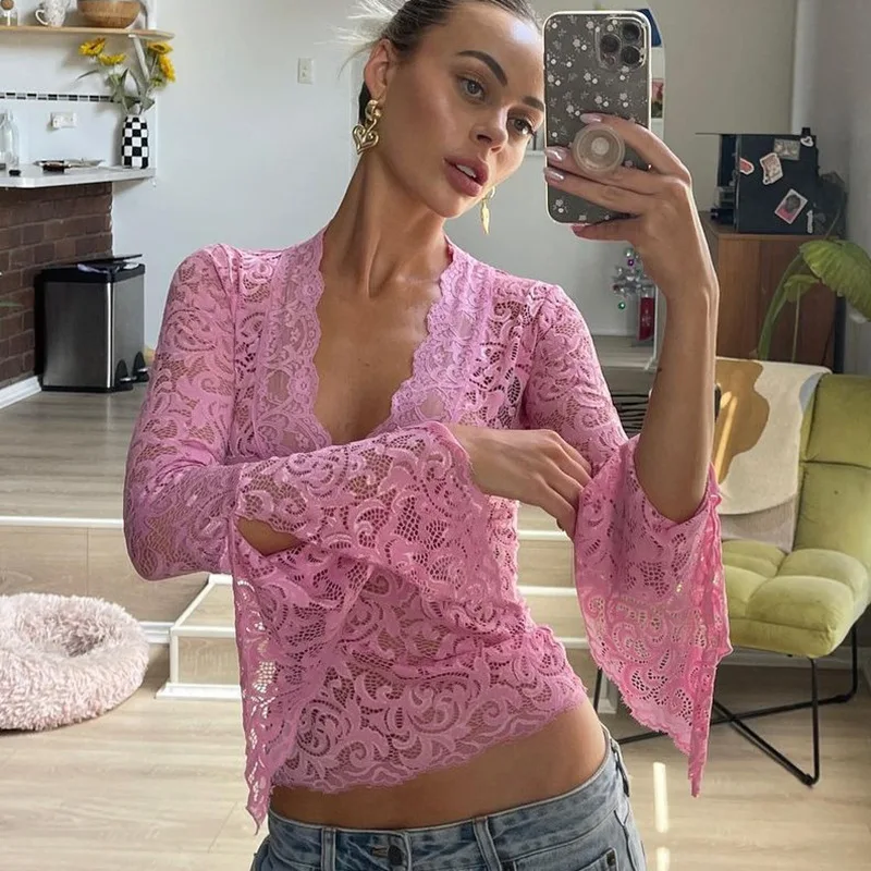 Lace See-Through Sexy Y2k Top T-shirt Women V-Neck Patchwork Hollow Out Fashion Cropped Top Night Club Clothes Crop top