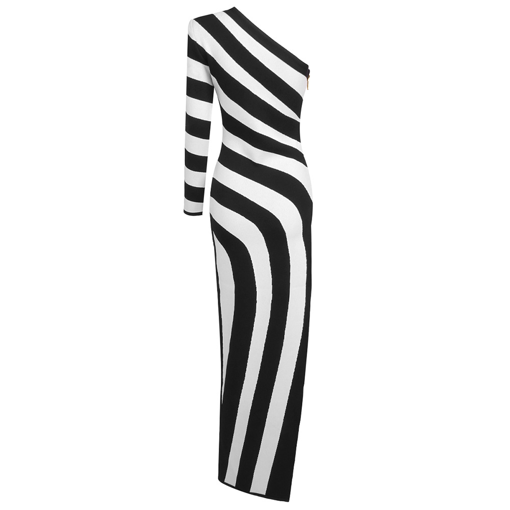 Autumn Winter Black White Striped Sexy High Slit One Shoulder Dress Simple in Bandage Dress