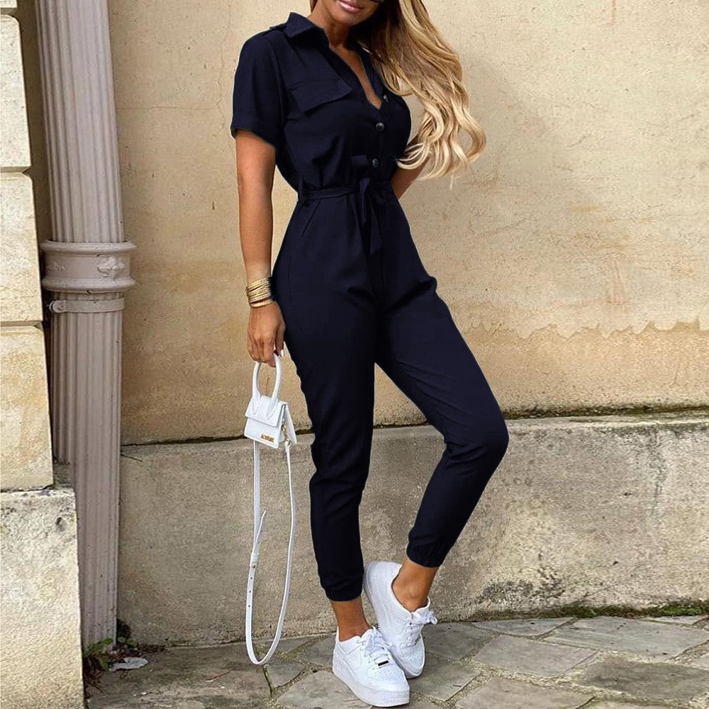 Women Clothing Trousers Casual Collared Button Printed Belt Cargo Overalls Plus size