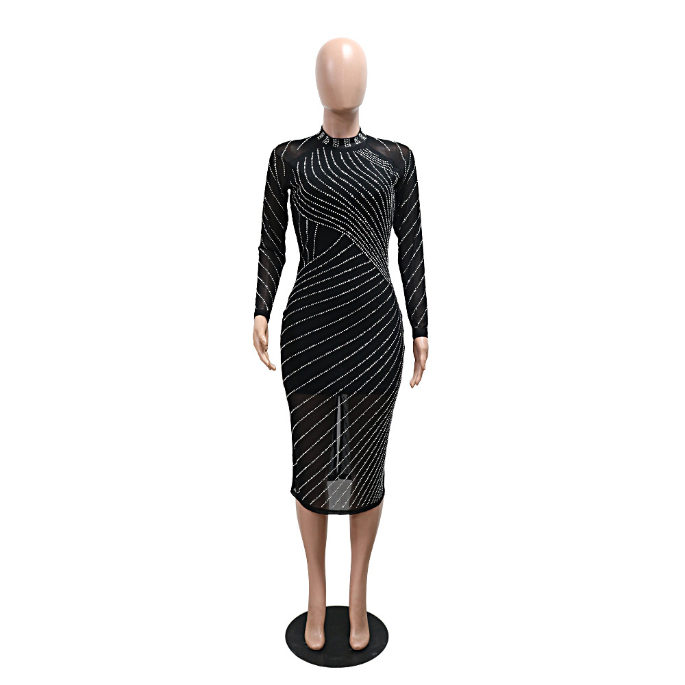 Women Wear Drilling Slim Fit Long Sleeve Narrow Slim Fit Dress