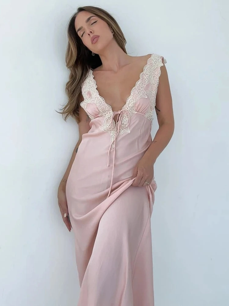 Sexy Lace Camisole Open Back Dress For Women Satin Lace Up Bodycon Long Dress Female Elegant Party Club Evening Dress