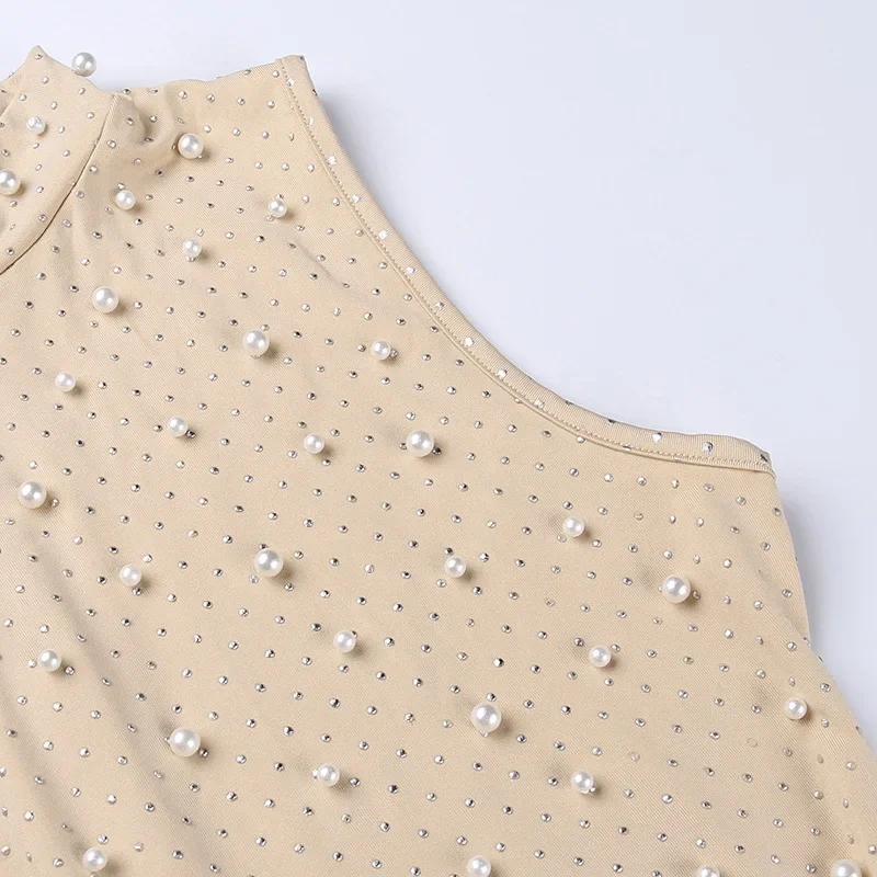 Bodycon Rompers Beading Playsuit Women Y2k Clothes Sleeveless Combinaison Femme Sexy Bodysuits O-Neck One Piece Club Outfit