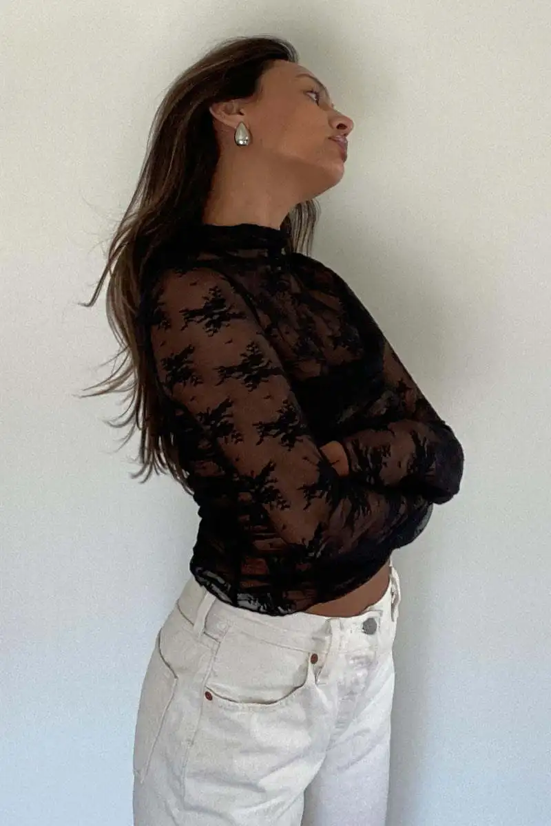 See-Through Lace Mesh T-shirt For Women Long Sleeve Printed Fashion Sexy Summer Contrast Pullover Female Slim Tee Top