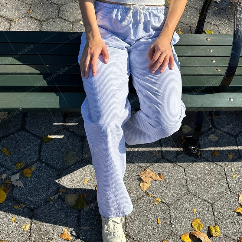 Comfy Loung Pants Streetwear Casual Tie Up Waist Wide Leg Trousers Y2K Vintage Striped Loose Pants Women Pajamas Sleepwear