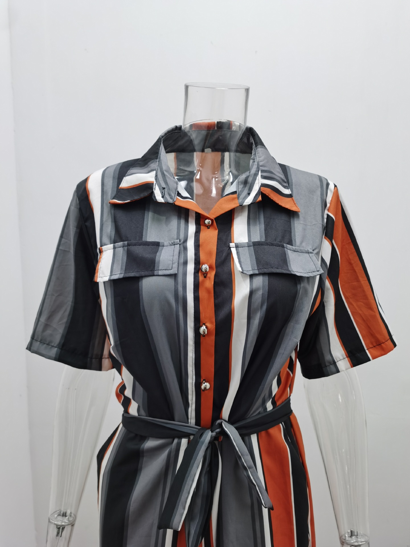 Women Clothing Trousers Casual Collared Button Printed Belt Cargo Overalls Plus size
