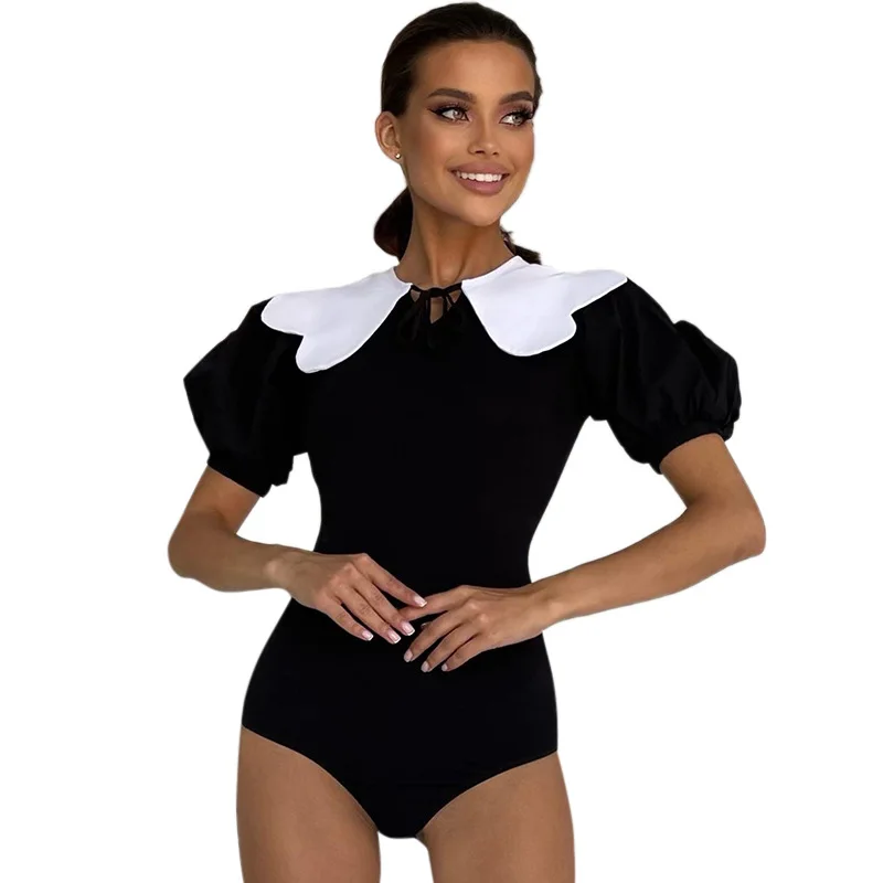 One Piece Outfit with Ruffle Collar for Women, Sexy Bodysuit, Short Sleeve, Color Blocking Lingerie, Elegant Summer Clothes