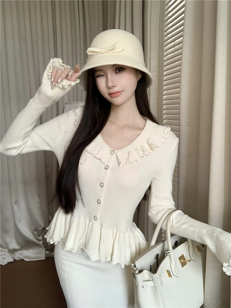 Autumn Winter Knitted 2-Piece Sets Women Ruffles Tops Bodycon Fishtail Skirt Slim Solid Knitwear Outfits Korean Fashion Suit