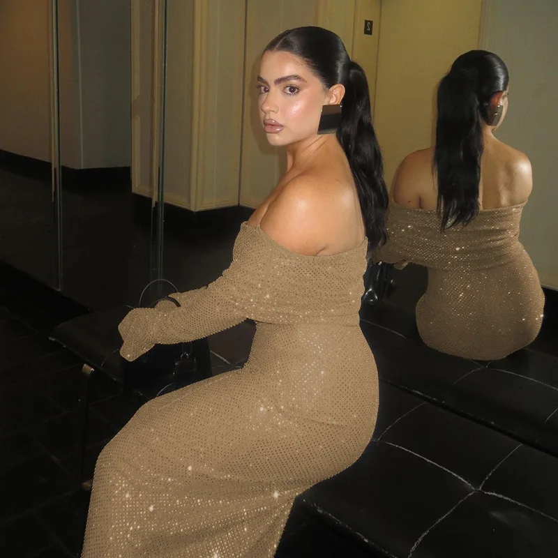 Sexy Buttocks Wrapped Long Dress For Women Fashion Temperament Ironing Board Slim One Line Neck Party Evening Dress