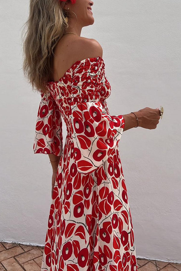 Vacation style fashionable floral print pleated one shoulder design pocket long dress