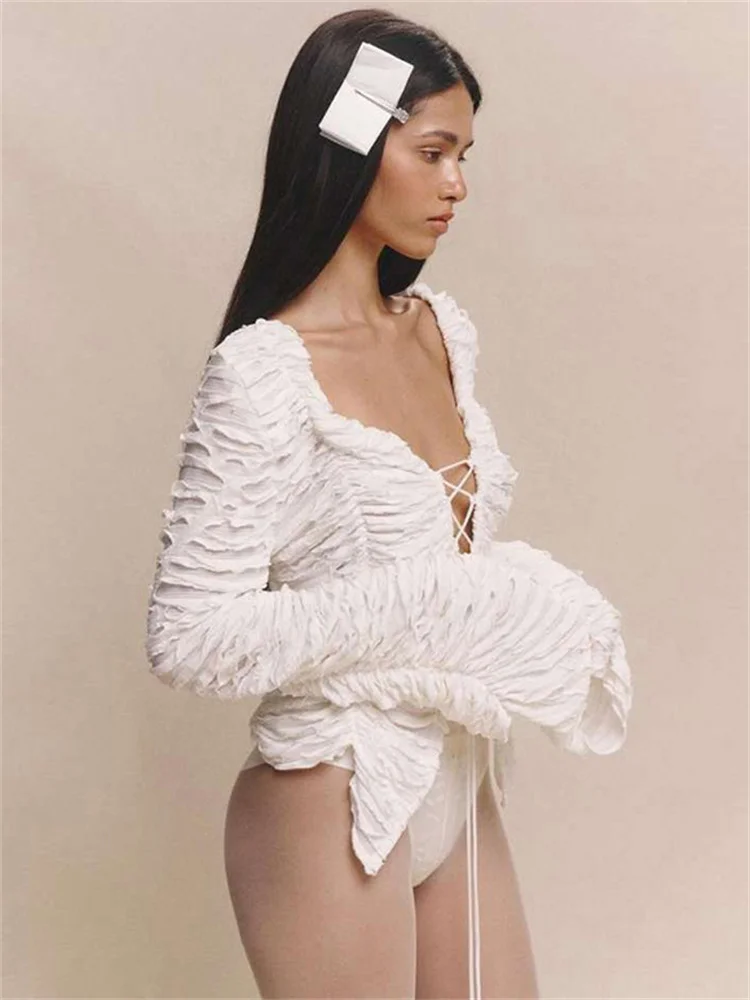 Autumn Fashion Ruffled T-shirt Cropped Top Female Hollow Out Lace-Up Patchwork Loose Outwear White Women Bandage Tee Coat