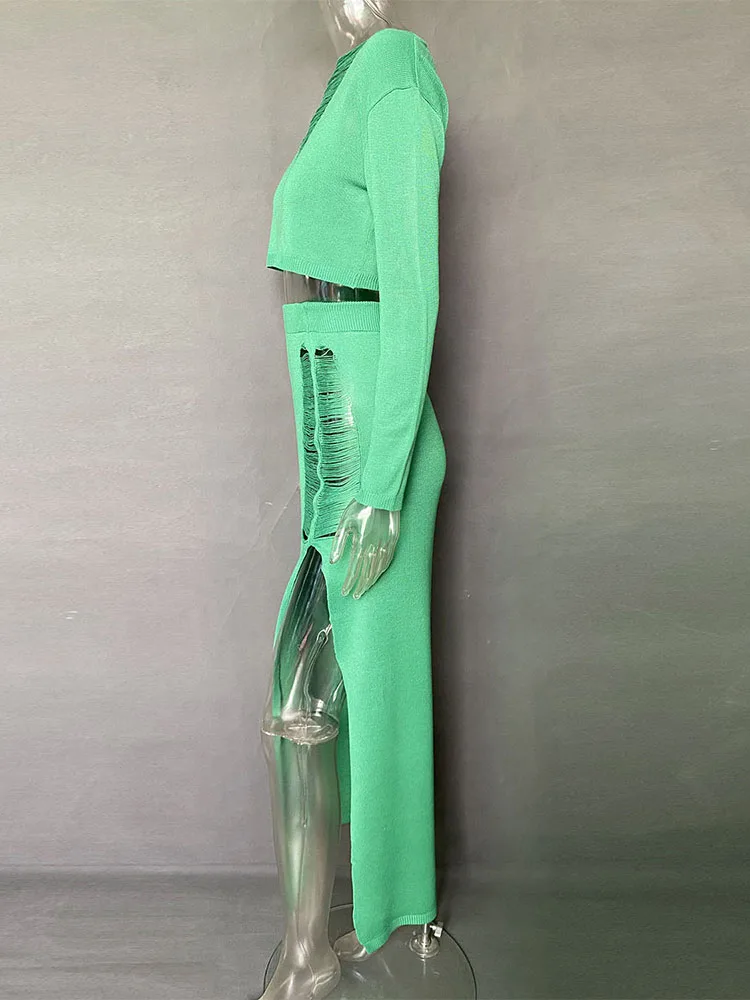 Knitted Cover Up 2 Piece Outfits Hollow Out Crochet Knitted Suit Party Dresses Women 2 Piece Matching Set with Midi Skirt