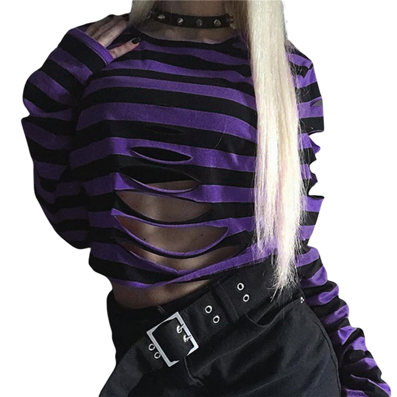 Cyber Punk y2k Top 2000s Women Striped Round Neck Long Sleeve T Shirt with Hole Gothic Clothes E Girl Tees Streetwear