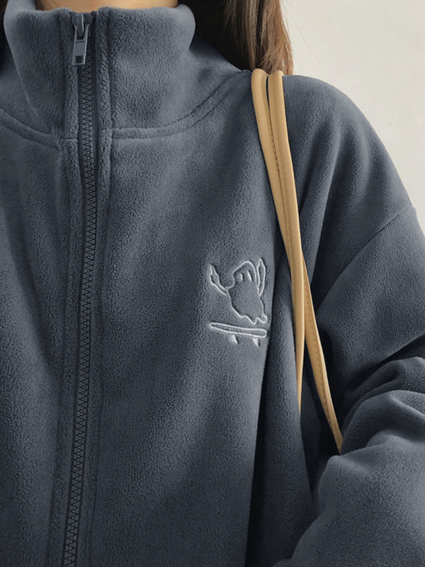 Embroidery Zip Up Fleece Jacket