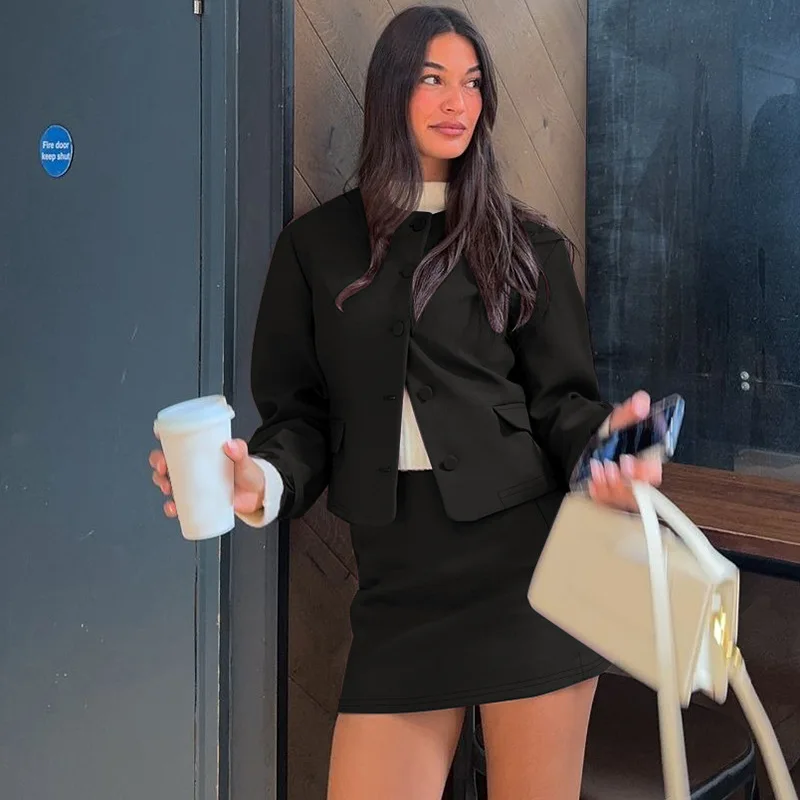 Fashion Cardigan Skirt Two Pieces Set Female Button Long Sleeve Top Slim Solid Mini Skirt Chic Matching Set Autumn Casual