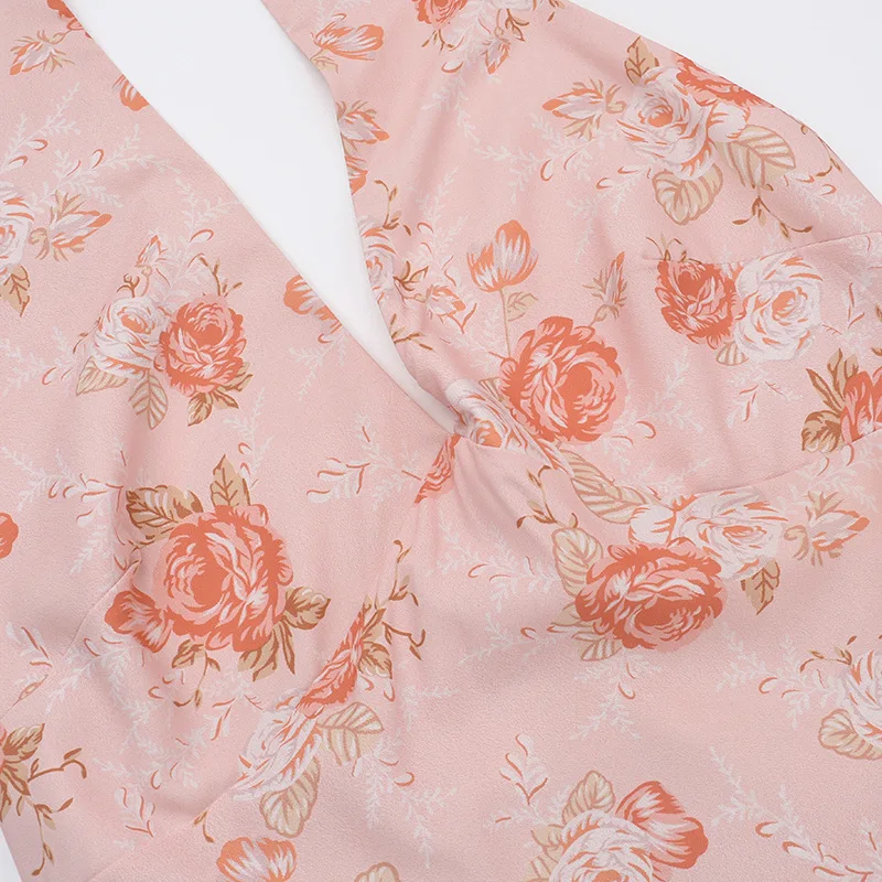 Sexy Print Deep V-neck Sleeveless Backless Neck-mounted Dress Women Slim High Waist Birthday Party Dress Femme Outfits