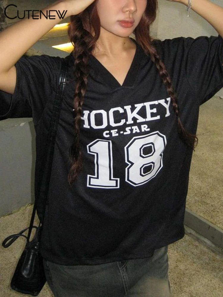 Basic Wild Women T-shirts Summer Casual Summer New Short Sleeve V-neck Loose Tees Printed Basic Female Street Sporty Top