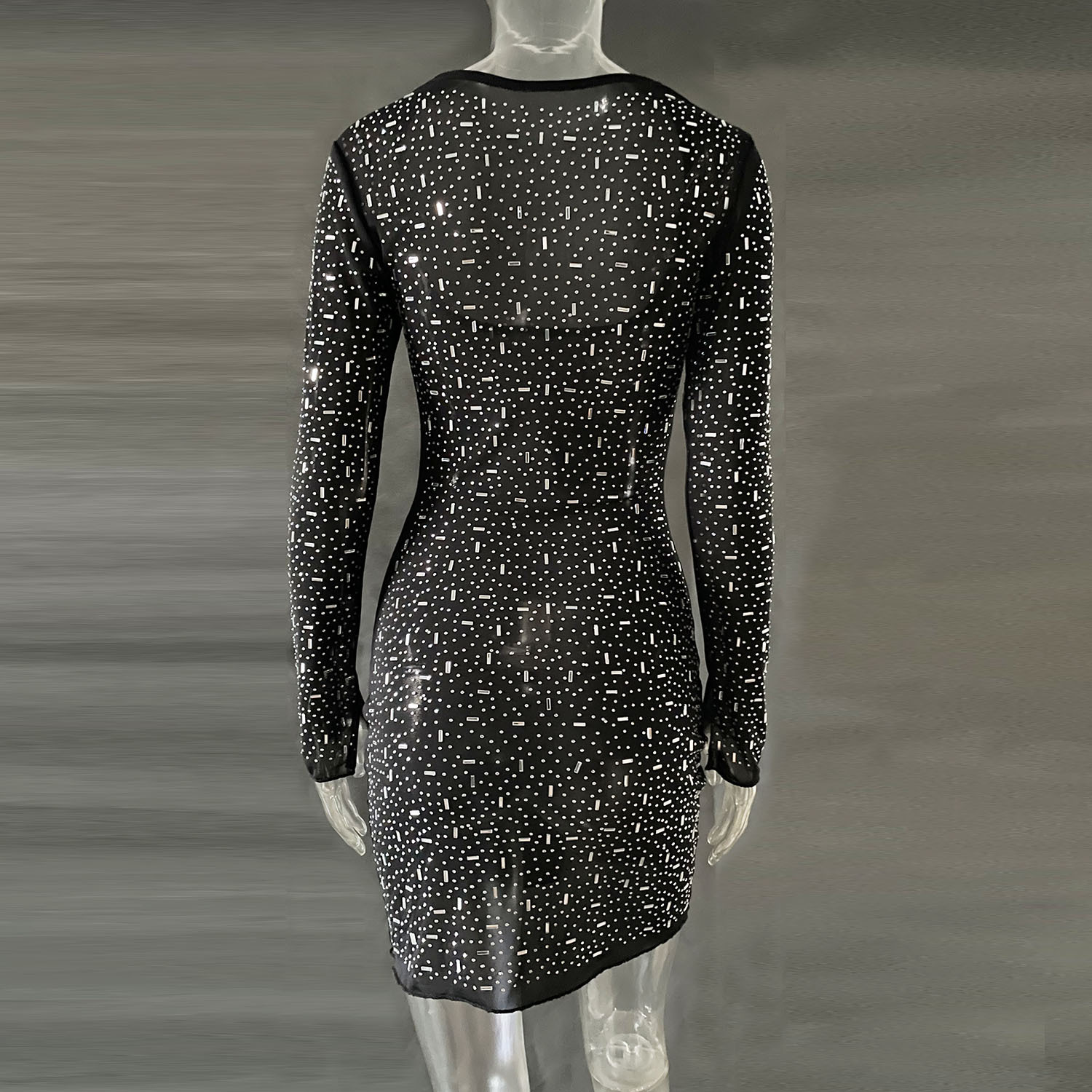 Best Women Clothes Sequined Rhinestone Sexy Semi See through Long Sleeve Short Dress