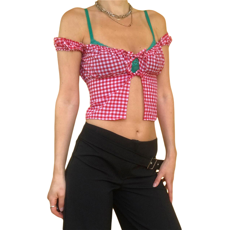 Fairy Grunge Plaid Crop Top Summer Women Short Sleeve Tie Up Bandage Vest Kawaii Off Shoulder T Shirt Female Clothes
