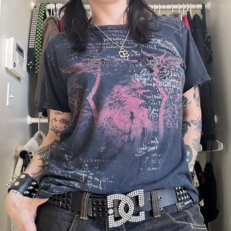 Y2K Grunge Cyber Goth Tee Vintage Skull Graphic Short Sleeve Crop Tops Japanese Kawaii 00s Retro Skater T-shirt Women Streetwear