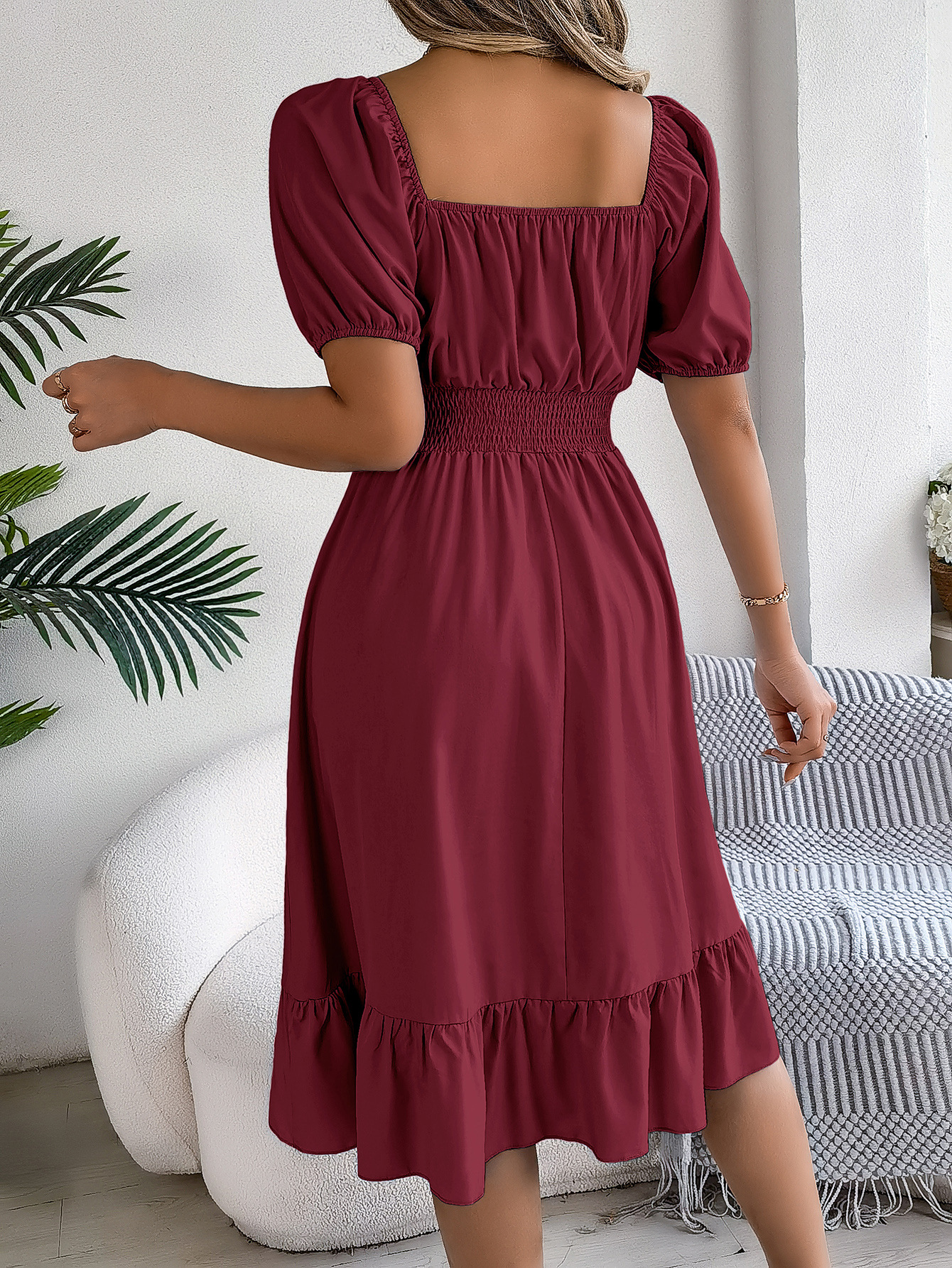 Spring Summer Casual Square Collar Short Sleeve Waist Trimming Ruffles A line Dress Women Clothing