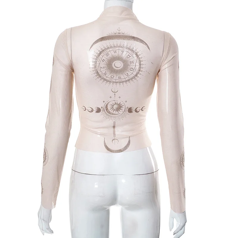Long Sleeve Mesh Women T Shirt Streetwear Printing Y2k Accessories See Through Vintage Clothes Sexy Fashion Hot Ropa Mujer