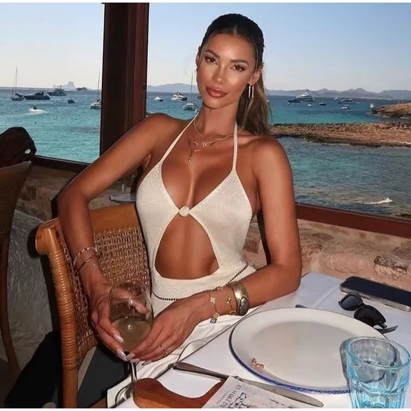 Women Knit Halter Maxi Dress Backless Lace Up V Neck Cutout Bodycon Long Dresses 2025 Summer Vacation Party Holiday Robes New