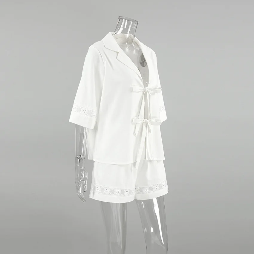 Fashion White Cotton Linen Hollow Out Lace Up Top And Short Pants Suit Women's Loose Top Casual Splice Sets Lady Summer